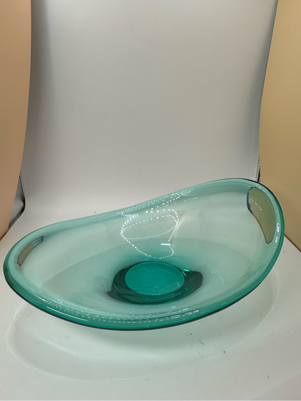 MCM Teal Glass Art Irregular Shaped Oval Bowl Per Lutken Holemgaard Style